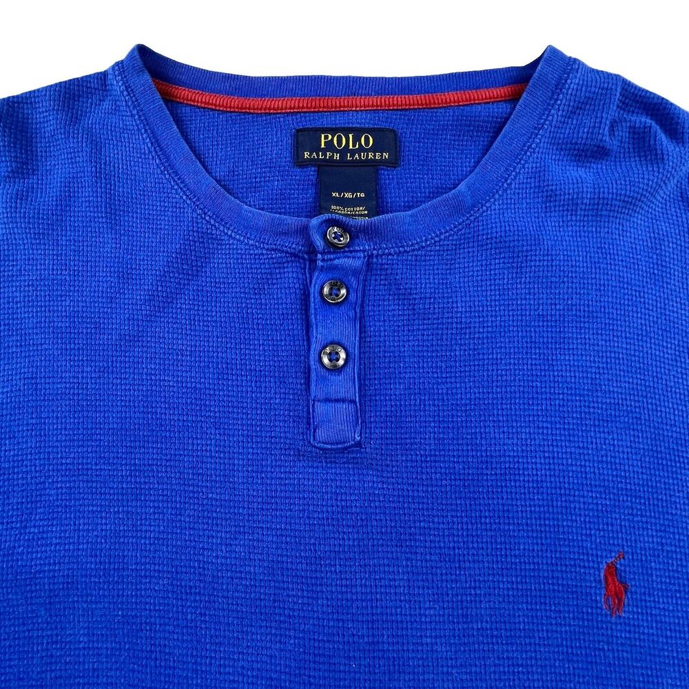 Polo Ralph Lauren Henley Mens XL Blue Waffle Knit Thermal Long Sleeve Shirt